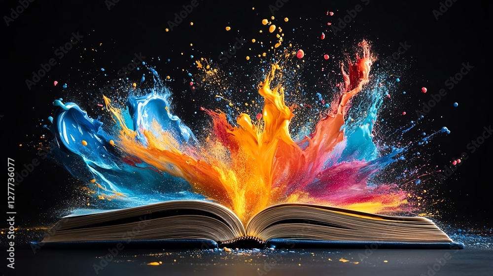 Obraz premium Vibrant, colorful paint splashes exploding from an open book against a dramatic black background, expressive and dynamic design, ultrarealistic, 8K UHD