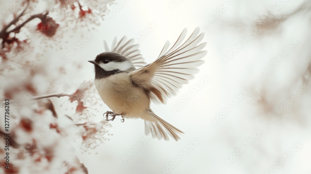 Obraz premium Bird taking flight near snowy branches. Nature photography for websites or calendars