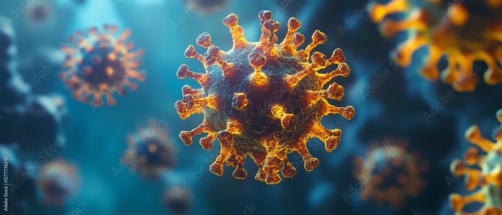 Closeup of HMPV virus particle structure, human metapneumovirus surface texture, microscopic view, detailed rendering, clean copy space for text, ultrarealistic, 8K UHD Closeup of HMPV virus particle structure, human metapneumovirus surface texture, microscopic view, detailed rendering, clean copy space for text, ultrarealistic, 8K UHD