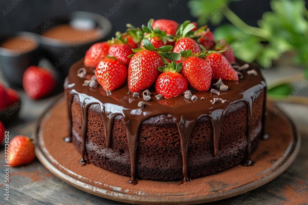 Delicious chocolate cake dripping with ganache and decorated with fresh strawberries Delicious chocolate cake dripping with ganache and decorated with fresh strawberries