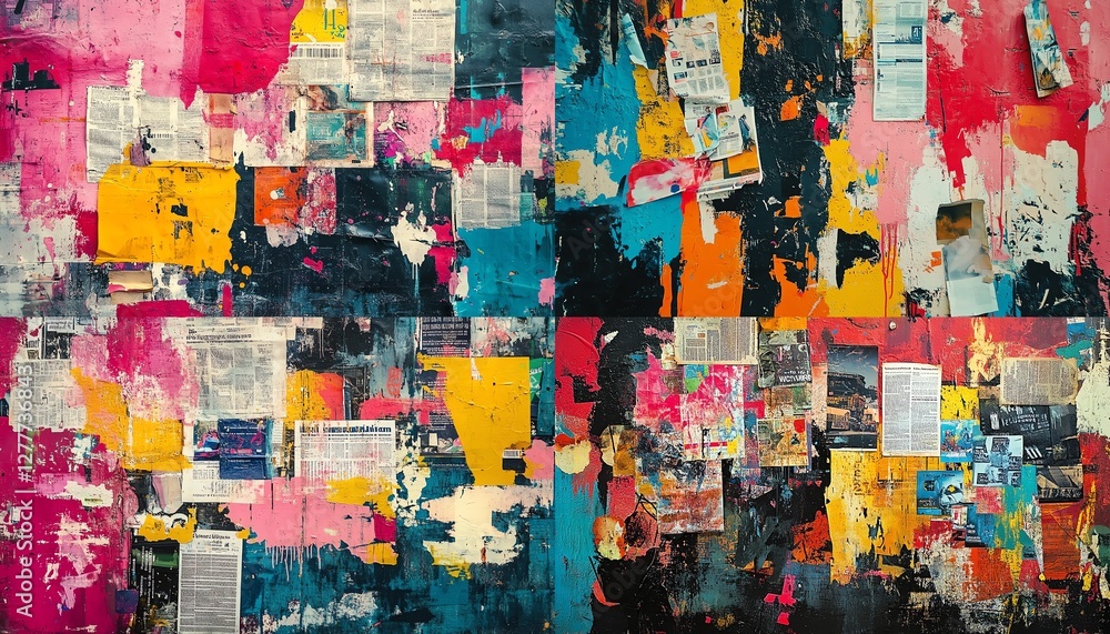 Dynamic grunge background with vibrant newspaper and magazine clippings, layered graffiti creating a textured and energetic urban artwork, full of visual intrigue, 8K UHD Dynamic grunge background with vibrant newspaper and magazine clippings, layered graffiti creating a textured and energetic urban artwork, full of visual intrigue, 8K UHD