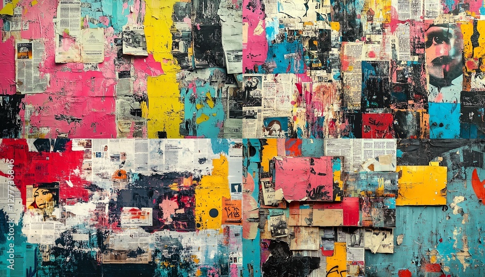 Fototapeta premium Energetic urban grunge background with vibrant magazine and newspaper clippings, layered with graffiti, creating a textured and dynamic art piece, high detail, 8K UHD