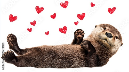 Otter laying on its back, floating hearts around it, cut out and isolated on a pure white background for a Valentine's sticker set