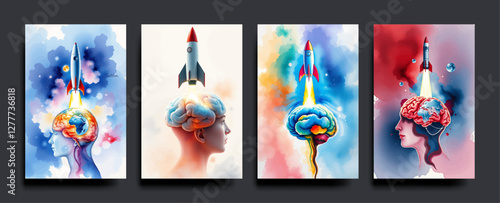 Set of The human brain and head has a rocket coming out of the earth. Business start up ideas. vector painting Illustration.