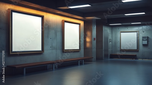 Three wooden frames on wall mockup, blank posters in modern interior, empty print background, realistic gallery design, high detail, 8K UHD