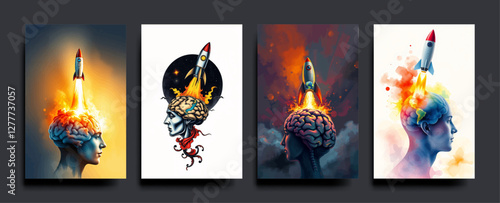 Set of The human brain and head has a rocket coming out of the earth. Business start up ideas. vector painting Illustration.