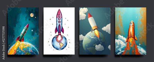 Set of The a rocket coming out of the earth. Business start up ideas vector acrylic painting Illustration.
