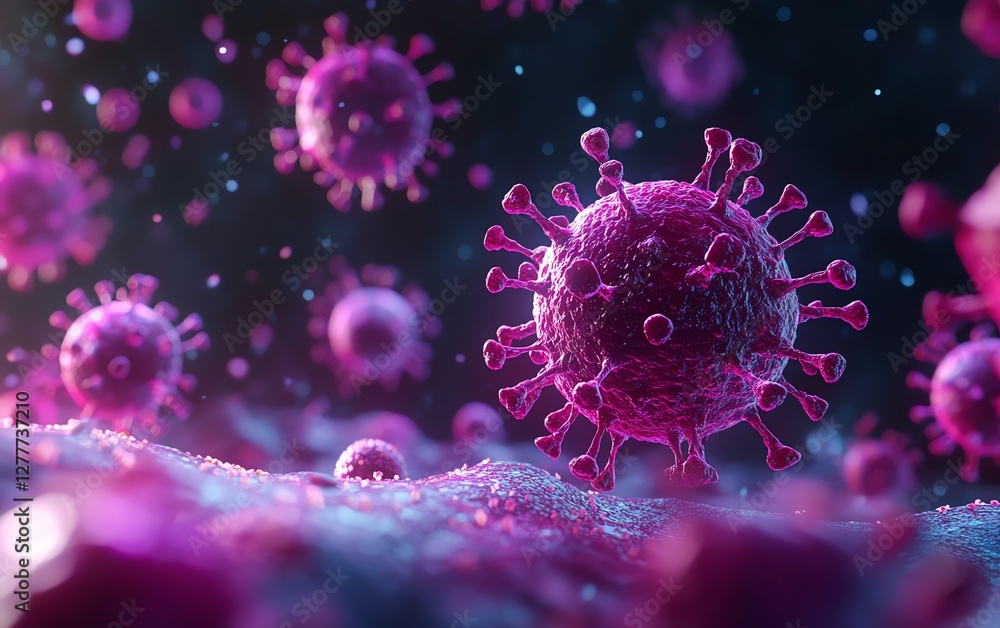 Visualization of HMPV virus spreading across cells, microscopic closeup with virus particles multiplying, dynamic motion, highdetail, 8K UHD Visualization of HMPV virus spreading across cells, microscopic closeup with virus particles multiplying, dynamic motion, highdetail, 8K UHD