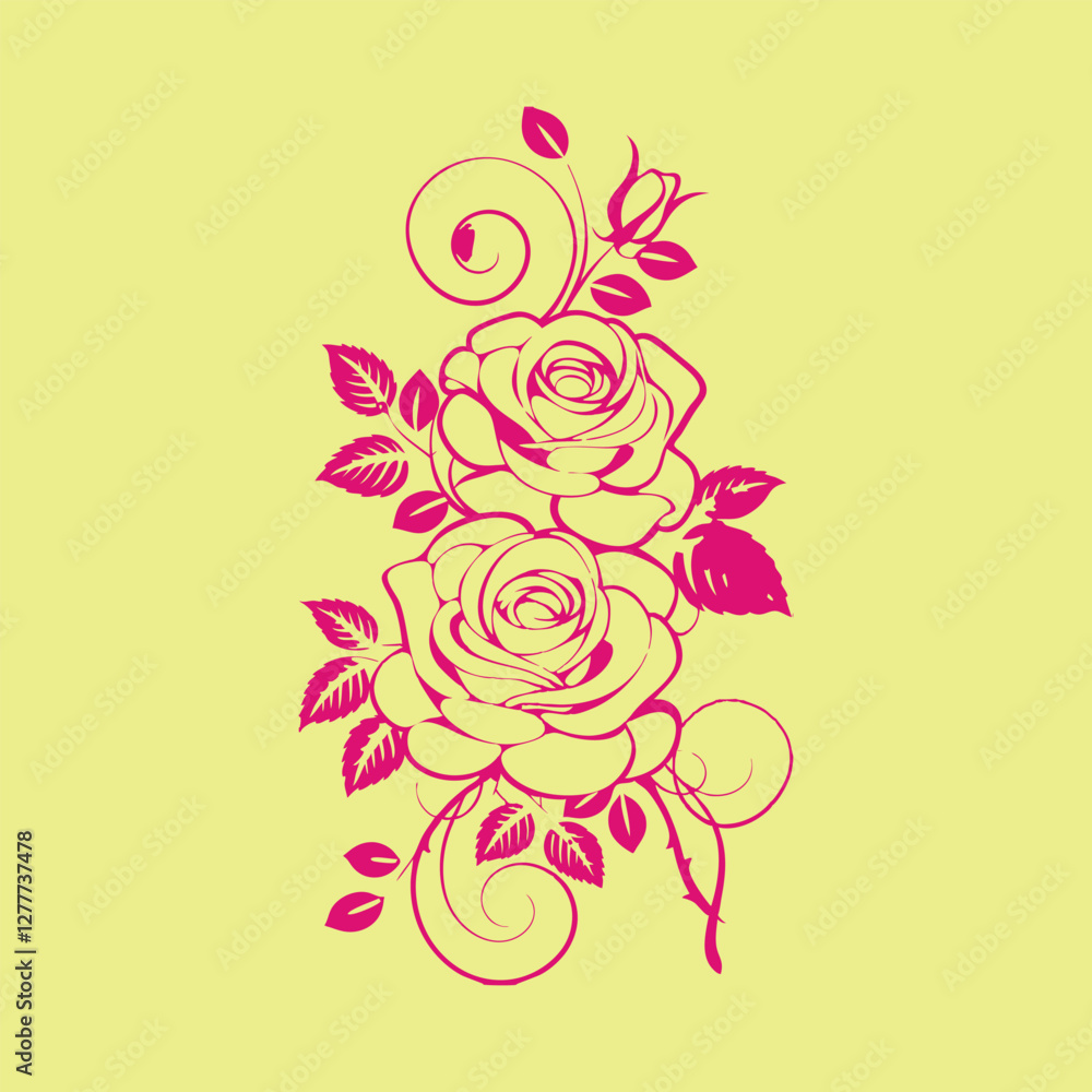 Naklejka premium Red roses with intricate leaves and delicate vines, designed in a beautiful floral illustration