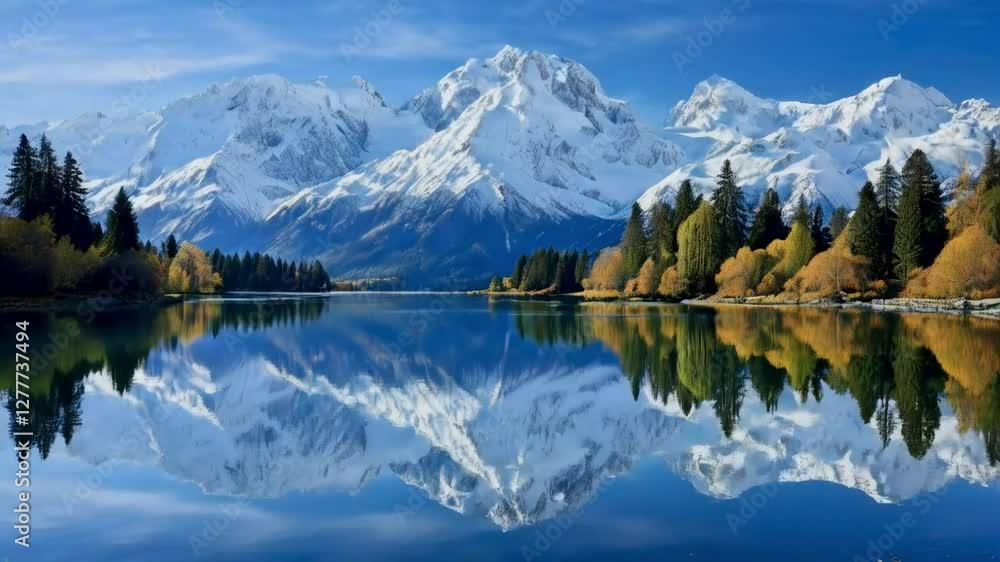 Snow-capped mountains reflected in calm lake Snow-capped mountains reflected in calm lake