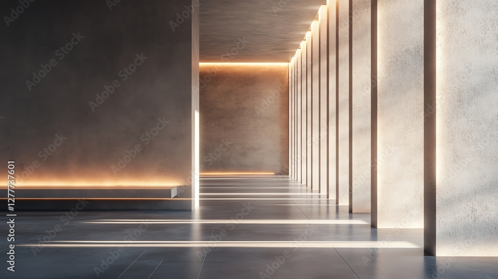 Obraz premium Modern corridor with geometric light and shadow, a matte wall panel, and warm illumination. Photorealistic, elegant, and minimalist design for creative projects.