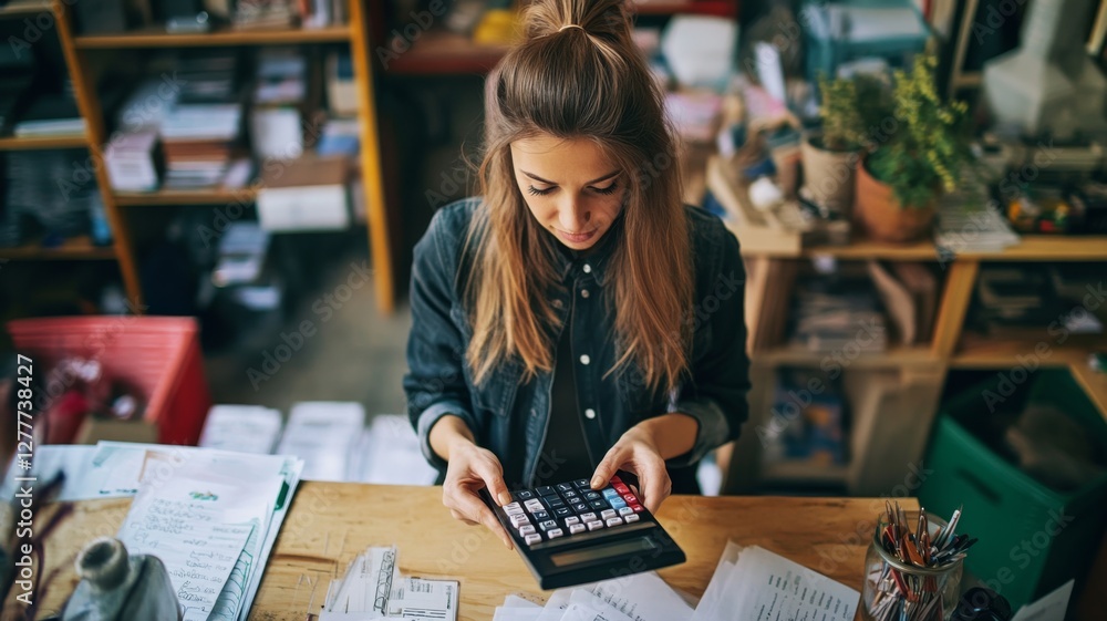 Fototapeta premium Young woman calculates numbers while sitting at desk in a busy office filled with paperwork and supplies in the afternoon light