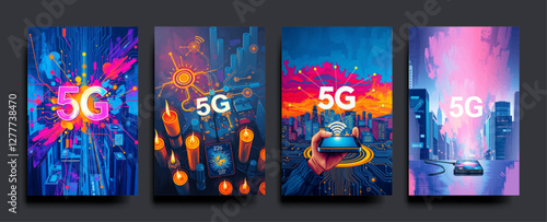  Set of Smart city and communication 5G network concept. IoT (Internet of Things). Telecommunication. vector painting Illustration.