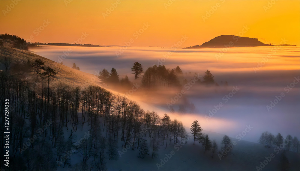 Foggy sunrise over hills with trees and misty landscape Foggy sunrise over hills with trees and misty landscape