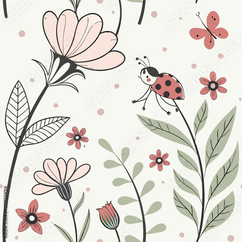 Whimsical Garden Delight: A charming illustration of a blossoming garden, where cheerful ladybugs and butterflies frolic amidst vibrant flowers and lush greenery, creating a scene of pure joy.