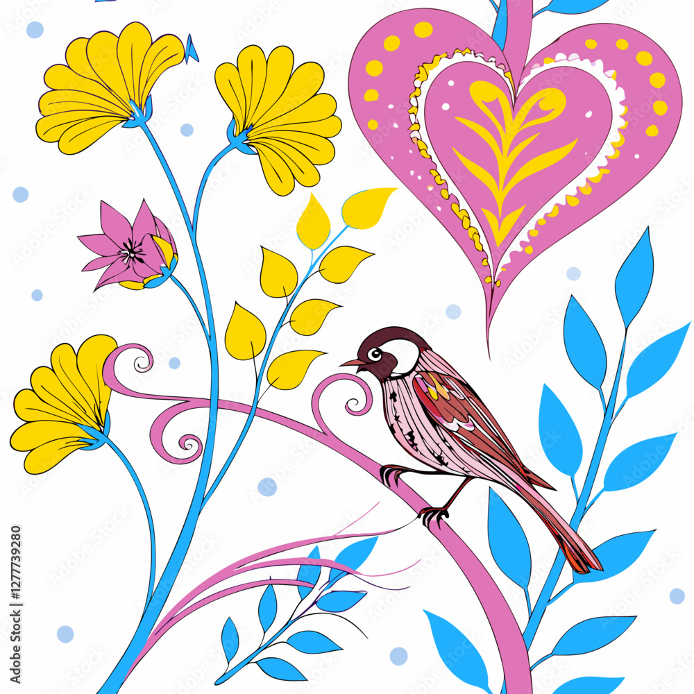 Fototapeta premium Whimsical Bird and Floral Art: A charming bird perches gracefully on a stylized branch, surrounded by vibrant flowers and a heart-shaped design, creating a joyful and imaginative scene, seamless 