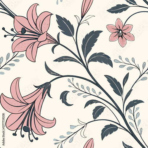 Elegant Floral Pattern: A sophisticated seamless pattern featuring a delicate arrangement of pink lilies with gracefully curved stems and lush leaves, exuding a sense of timeless beauty.