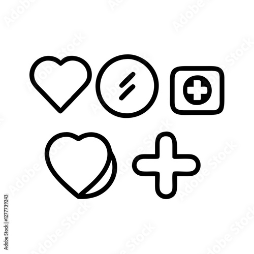 Iconic Health & Social Symbols: An elegant collection of health and social symbols, expertly crafted in a minimalistic style. Featuring iconic shapes like hearts, plus signs, and informational icons.