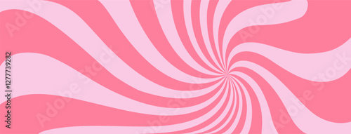 Pink ice-cream swirl background. Spiral candy pattern. Groovy vector strawberry color sunburst twirl. Radial lollipop stripes backdrop. Abstract fun birthday banner. Vintage sun rays illustration