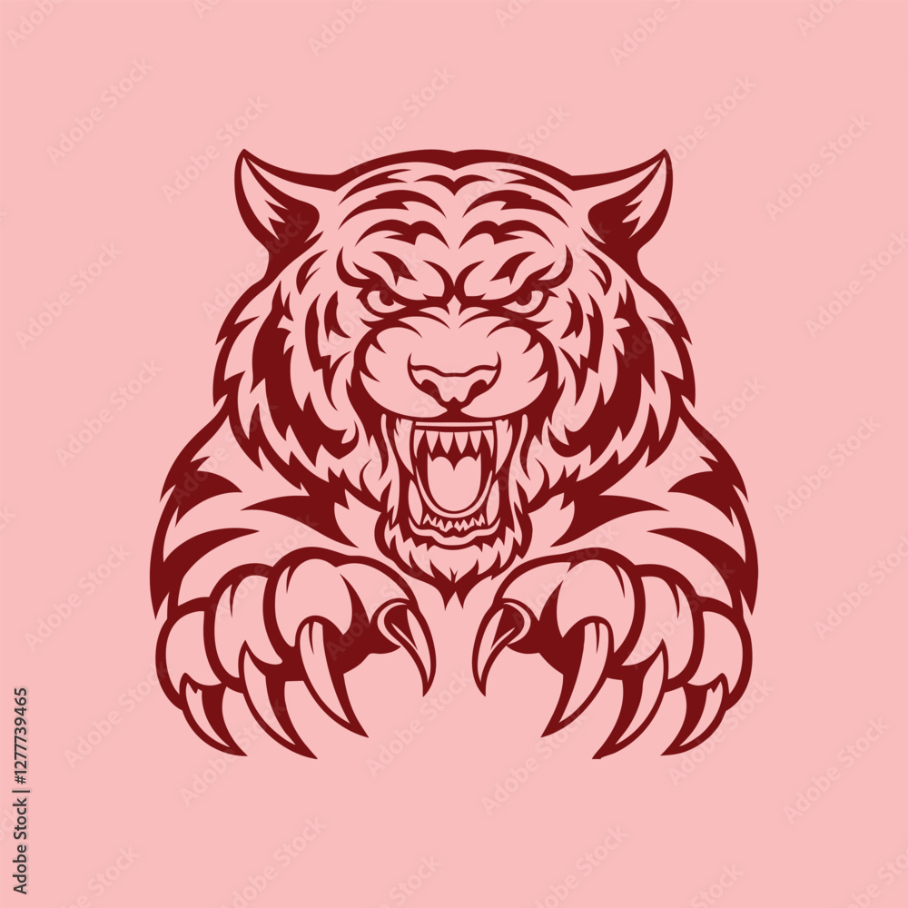 Obraz premium Angry tiger roaring with claws outstretched, showcasing power and aggression in a bold design