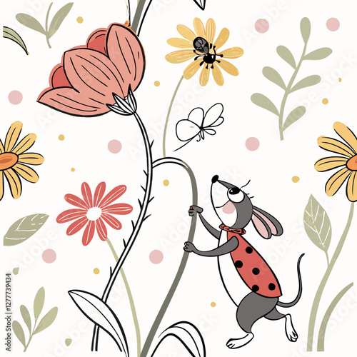 Whimsical Mouse in Flower Garden: A charming cartoon mouse, adorned in a ladybug-themed outfit, joyfully reaches for a large, blossoming flower amidst a vibrant garden scene.