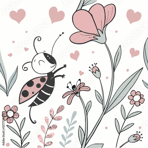 Enchanting Ladybug in Whimsical Floral Garden: A delightful illustration of a cheerful ladybug frolicking amongst pastel-colored flowers and hearts in a vibrant garden, seamless for printing fabric 