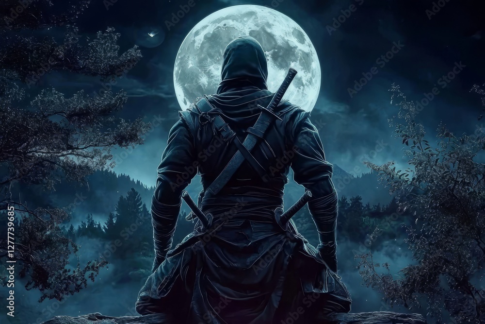 Fototapeta premium Dramatic composition of a moonlit ninja on a dark canvas.