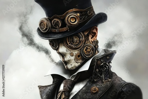 Intricately designed steampunk character with a mask and top hat.