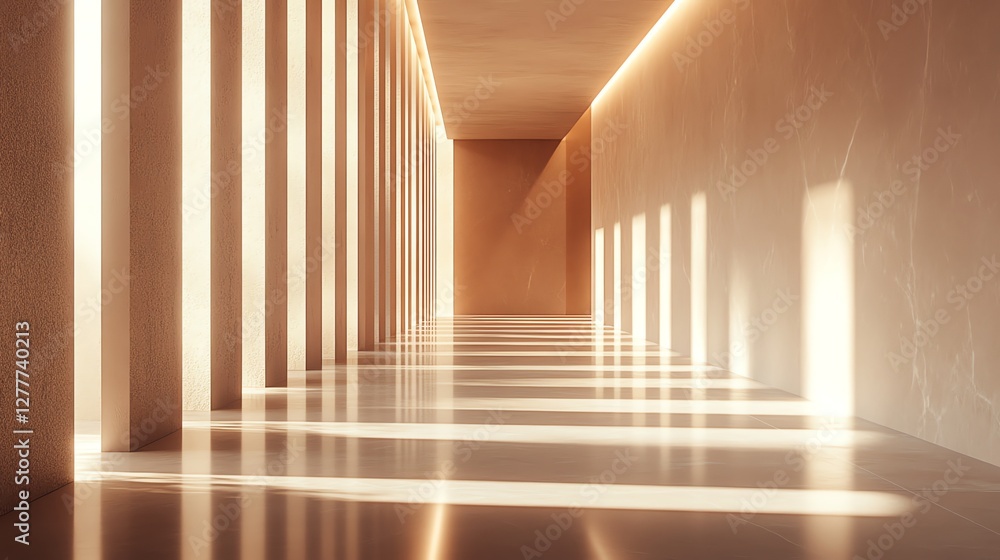 Obraz premium Modern corridor with geometric light and shadow, a matte wall panel, and warm illumination. Photorealistic, elegant, and minimalist design for creative projects.