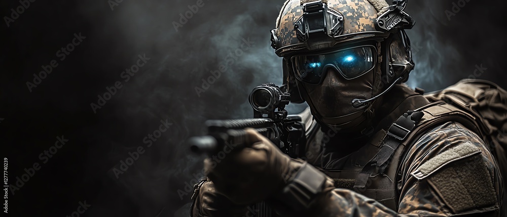 Nighttime soldier equipped with advanced technology, glowing gadgets, futuristic combat suit, stealth operations, dark environment, hightech warfare Nighttime soldier equipped with advanced technology, glowing gadgets, futuristic combat suit, stealth operations, dark environment, hightech warfare