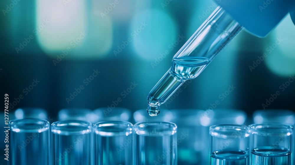 Precision droplet application from a pipette into test tubes during a laboratory experiment in a modern scientific facility Precision droplet application from a pipette into test tubes during a laboratory experiment in a modern scientific facility