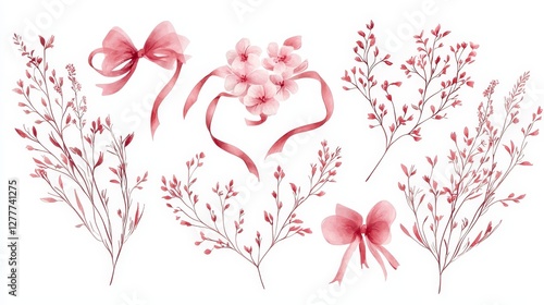 Set of hugging flowers and ribbons forming heart shapes, vintage illustration style, delicate details, isolated on white