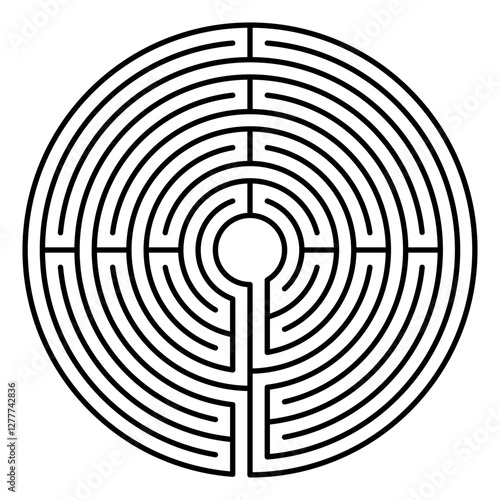 Medieval concentric labyrinth with four axis and single path. Known as Chartres pattern, appearing in manuscripts as early as the 9th century. Path starting at the bottom entrance to the center area.