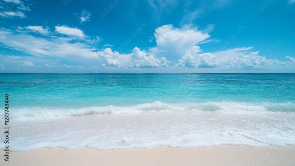 Calm turquoise waters lapping at a pristine beach under a bright blue sky filled with fluffy white clouds in a tropical paradise Calm turquoise waters lapping at a pristine beach under a bright blue sky filled with fluffy white clouds in a tropical paradise