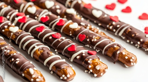 Valentine's-themed set of chocolate-dipped pretzel sticks, drizzled with red and white chocolate, decorated with mini hearts, clean white backdrop