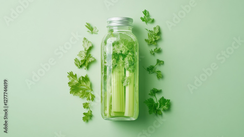 Wallpaper Mural Fresh green celery stalks and leaves in glass jar on green background, showcasing vibrant colors and healthy ingredients. Perfect for refreshing juice or salad Torontodigital.ca
