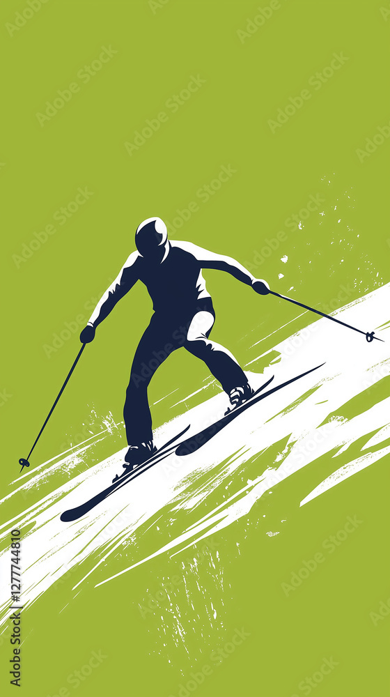 Fototapeta premium Minimalist illustration of a skier on a green background