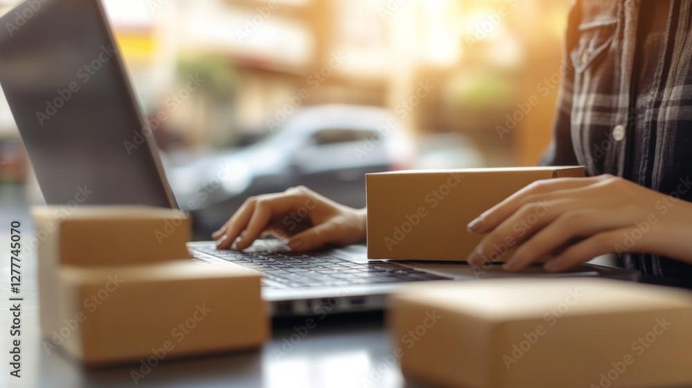 E-commerce entrepreneur managing online orders while organizing packages at a well-lit workspace with blurred cityscape in the background E-commerce entrepreneur managing online orders while organizing packages at a well-lit workspace with blurred cityscape in the background