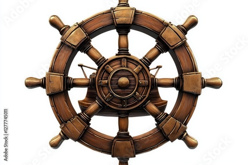 Classic pirate ship wooden helm design showcased against a blank background.