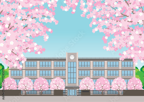 桜咲く春の校舎のイラスト.