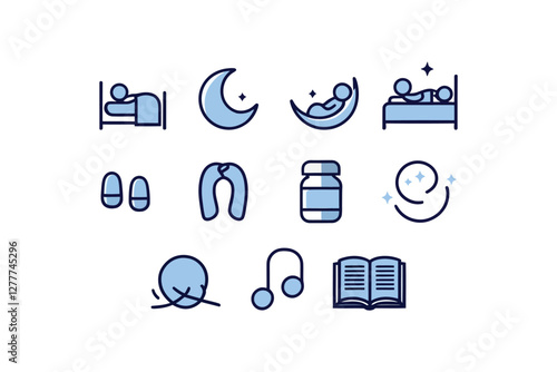 Sleeping Person Icon Collection - Vector Pictograms for Bed, Pillow, and Moon