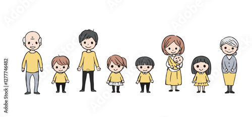 三世代家族の全身イラストのセット