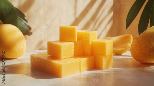 Cubes of mango soap, tropical leaves background