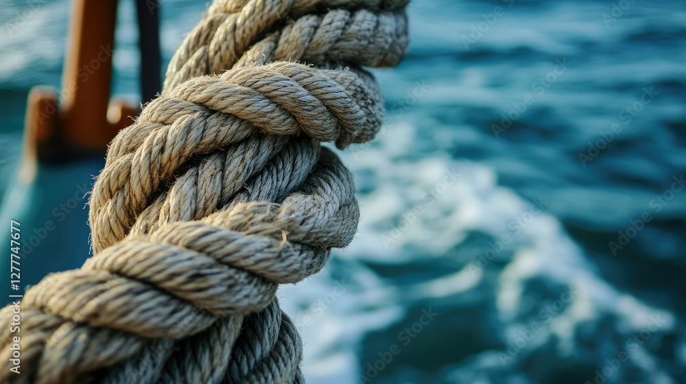 Fototapeta premium A detailed shot of rope on a boat at sea, emphasizing the texture and intricacy of the rope weave as it withstands the elements.