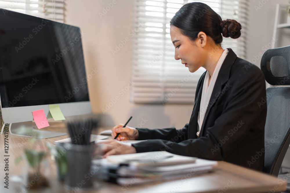 Business financing accounting banking concept. Business asian woman hand doing finances and calculate on desk about cost at office. Woman working on desk with using calculator, finance accounting.
Business financing accounting banking concept. Business asian woman hand doing finances and calculate on desk about cost at office. Woman working on desk with using calculator, finance accounting.