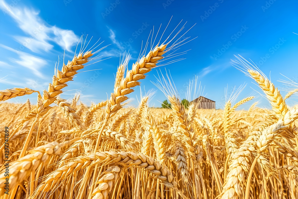 Golden wheat field under a blue sky, rural landscape Golden wheat field under a blue sky, rural landscape