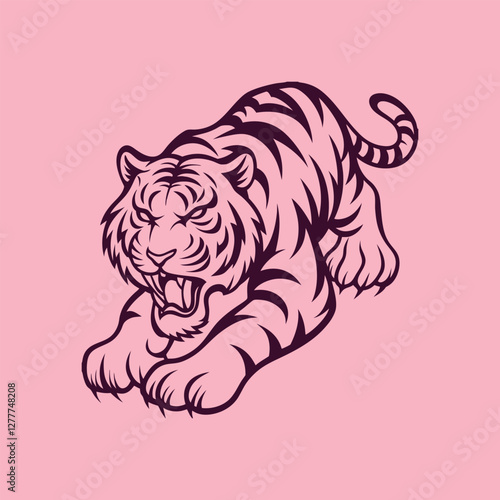 A bold and aggressive tiger illustration, captured in black lines on a vibrant background showing its power and intensity
