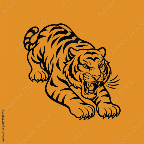 A bold and aggressive tiger illustration, captured in black lines on a vibrant background showing its power and intensity