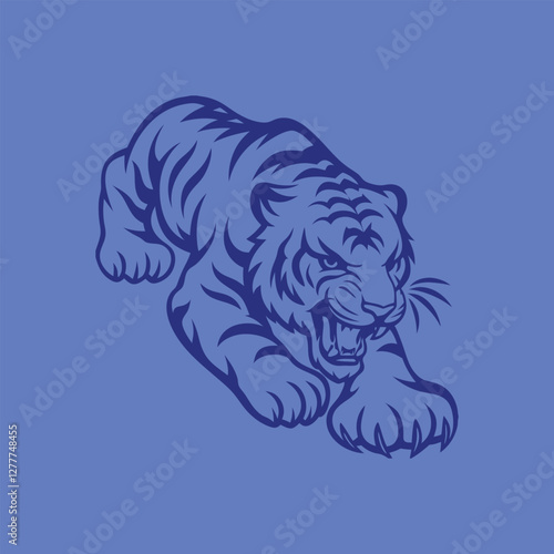A bold and aggressive tiger illustration, captured in black lines on a vibrant background showing its power and intensity