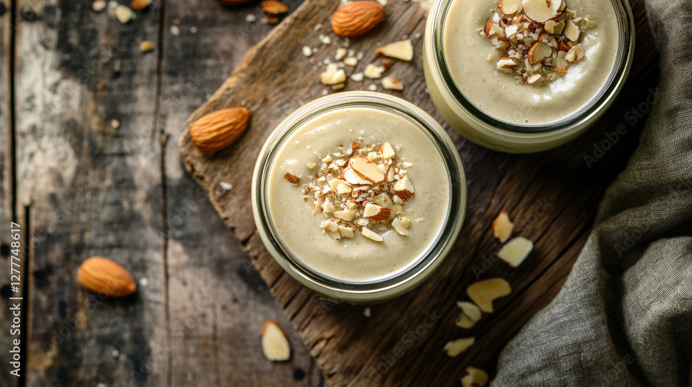 Creamy avocado smoothies in mason jars topped with chopped almonds, surrounded by whole almonds on rustic wooden surface. healthy and delicious treat Creamy avocado smoothies in mason jars topped with chopped almonds, surrounded by whole almonds on rustic wooden surface. healthy and delicious treat